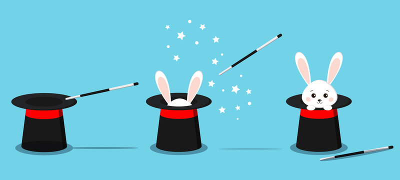 Isolated magician's black hat, magic hat with bunny ears, white rabbit in hat with magic wand in action and stars. Vector flat illustration in cartoon style.