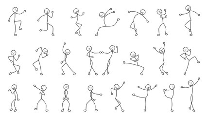 Fototapeta na wymiar dancing people, freehand drawing, sketch, stick figure man pictogram, isolated silhouettes on white background