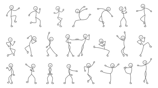 dancing people, freehand drawing, sketch, stick figure man pictogram, isolated silhouettes on white background