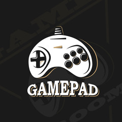 Vector gamepad logo. Game design, old, retro, vintage arcades, in monochrome style. Sign, banner, emblem of the tournament. Logo of video games. Computer Club.