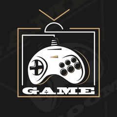 Vector gamepad logo. Game design, old, retro, vintage arcades, in monochrome style. Sign, banner, emblem of the tournament. Logo of video games. Computer Club.