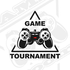 Vector gamepad logo. Game design, old, retro, vintage arcades, in monochrome style. Sign, banner, emblem of the tournament. Logo of video games. Computer Club.