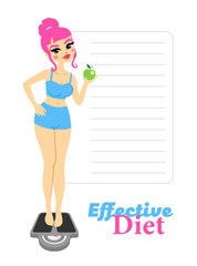 Obraz premium Women's effective diet. Healthy happy lady character with apple. Body shape.