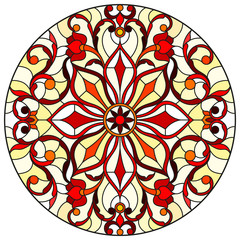 Illustration in stained glass style with abstract flowers, leaves and swirls, circular image on white background