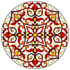 Illustration in stained glass style with abstract flowers, leaves and swirls, circular image on white background