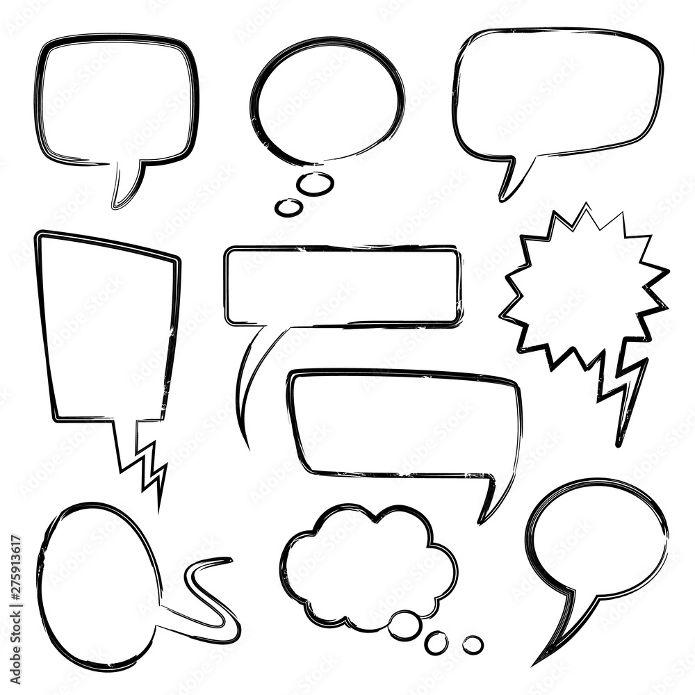 Poster sketch speech bubbles. doodle message bubble elements, thinking balloons with scribble pencil textur