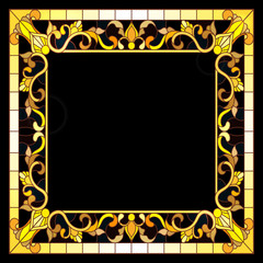 Illustration in stained glass style frame with floral,golden flowers and leaves on a dark background,rectangular image