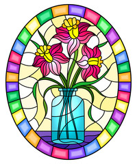 Illustration in stained glass style with still life, bouquet of pink flowers in a glass jar on a yellow background, oval image in bright frame
