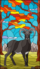 Illustration in stained glass style with wild RAM on the background of autumn trees, mountains and sky