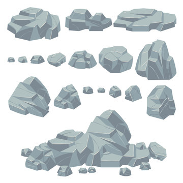 Rock stones. Natural stone rocks, massive boulders. Granite cobble cliff and stone heap for mountain landscape. Cartoon vector set