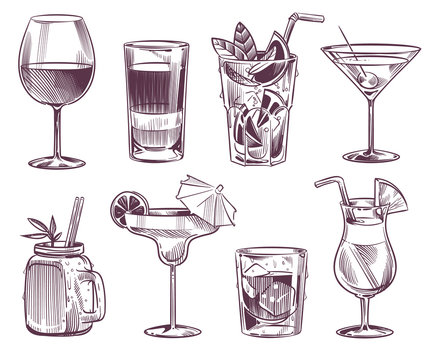 Sketch cocktails. Hand drawn cocktail and alcohol drink, different drinks in glass for party restaurant menu. Vector illustration set