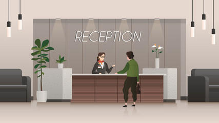 Reception service. Receptionist and customer in hotel lobby hall, people travelling. Business office flat vector concept - obrazy, fototapety, plakaty