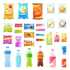 Product for vending. Tasty snacks sandwich biscuit candy chocolate drinks juice beverages pack retail, set flat vector icons