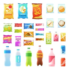 Poster Product for vending. Tasty snacks sandwich biscuit candy chocolate drinks juice beverages pack retail, set flat vector icons © YummyBuum