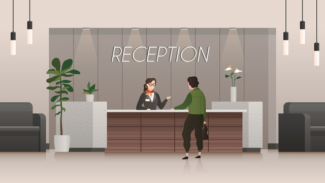 Reception Service. Receptionist And Customer In Hotel Lobby Hall, People Travelling. Business Office Flat Vector Concept