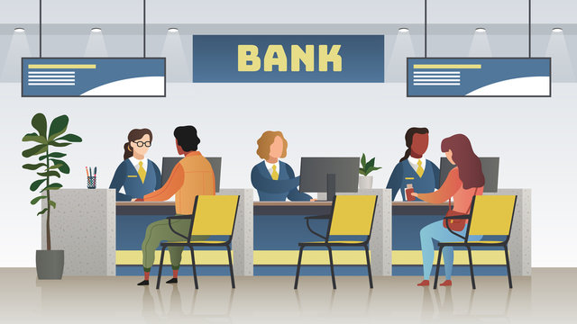 Bank office interior. Professional banking service, finance manager and clients. Credit, deposit consult management vector concept
