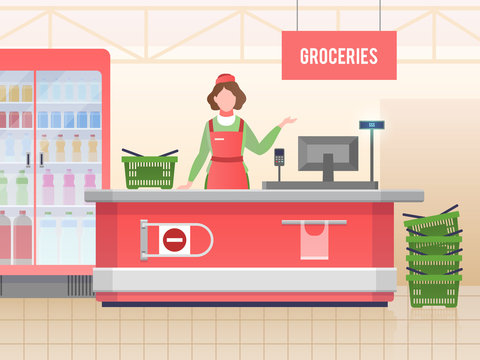 Supermarket store assistant. Happy cashier woman sales food in grocery hypermarket. Retail service, supermarket shopping vector image