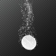 Tablet with bubbles. Effervescent dissolving aspirin pill in fizzy water. Vitamin drug with bubbles. Pharmacy vector isolated template