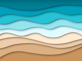 Obraz premium Paper sea beach. Abstract ocean summer travel landscape, summertime 3d paper cut texture. Origami cutout sandy shore vector wallpaper