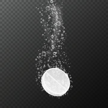 Tablet With Bubbles. Effervescent Dissolving Aspirin Pill In Fizzy Water. Vitamin Drug With Bubbles. Pharmacy Vector Isolated Template
