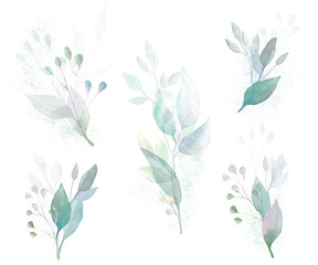 Watercolor arrangements with leaves, herbs. Botanic compositions for wedding, greeting card, fabric