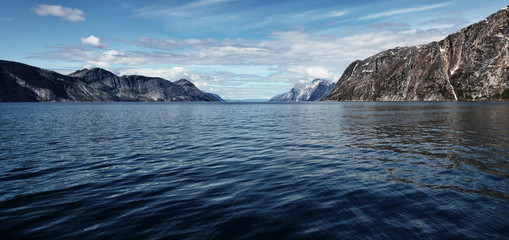 Fototapeta na wymiar Landscape Greenland, Nuuk fjord, ocean with mountains background