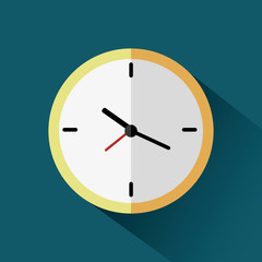 Yellow clock flat icon with long shadow on blue backgraund