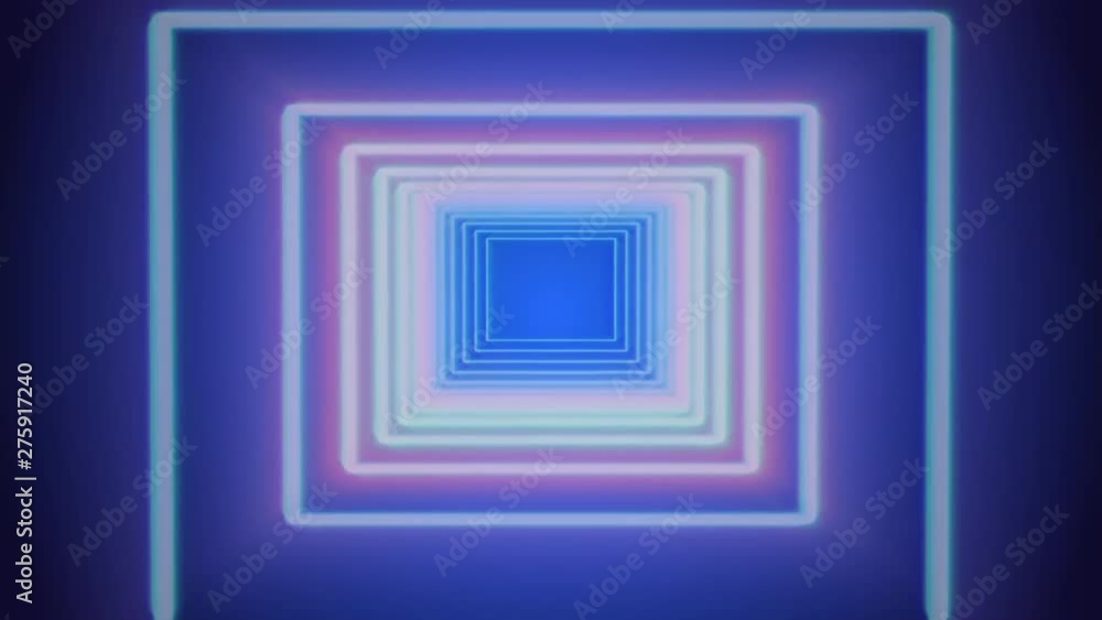Aufkleber Square Neon Tunnel Flying Through Target 4K Footage Background. Glow Spectrum Fluorescent Geometric Loop Frame Animation.
