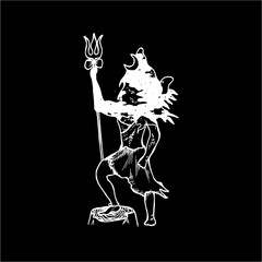 A black and white illustration of Lord Shiva in a warlike pose. Double exposure, mountains, god. Chalk on a blackboard.
