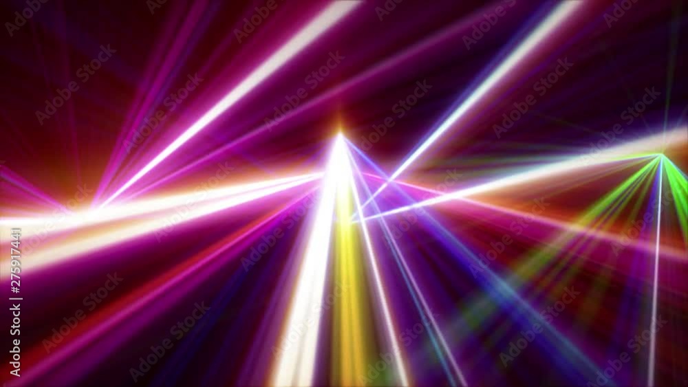 Poster laser stage beam flickering dace glow effect show on stage. 4k footage abstract spectrum light rays 