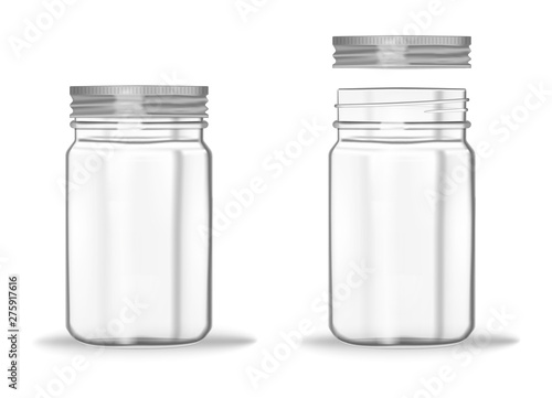 Download Glass Mason Jar With Screw Metal Lid Vector Mockup Clear Empty Food Container Closed And Opened Realistic Illustration Wall Mural Ann Ounce
