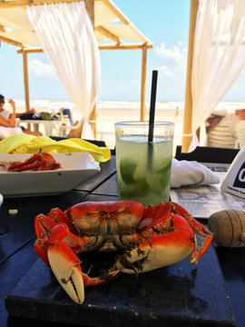 Rote Krabbe mit Caipirinha am Strand