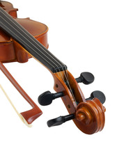 Violin and bow isolated on white close up