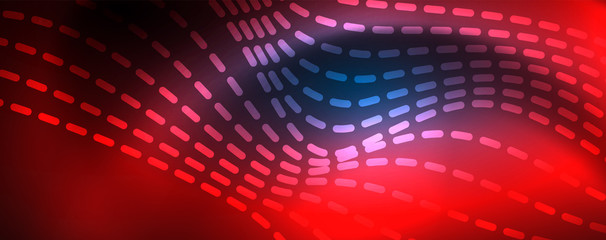 Fototapeta premium Smooth wave lines on blue neon color light background. Glowing abstract wave on dark, shiny motion, magic space light