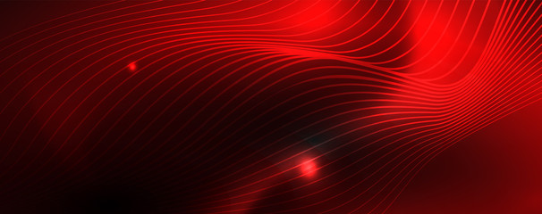 Smoky glowing waves in the dark. Dark abstract background with neon color light and wavy lines. Vector