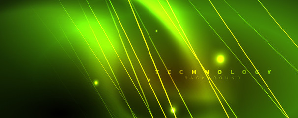 Shiny color neon light with lines, abstract wallpaper, shiny motion, magic space light. Techno abstract background