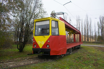 Fototapeta na wymiar Tram GR-01 for rail transportation, Lipetsk tram depot