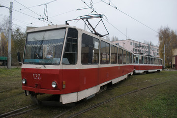 Fototapeta na wymiar Two trams Tatra T-3M (T6B5) in the Lipetsk depot. Old tramway. Tram depot