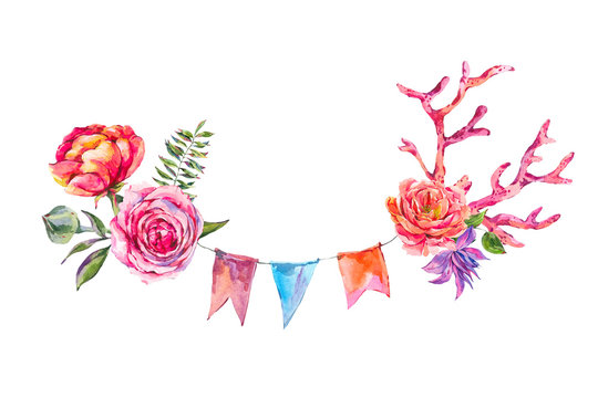 Watercolor hand painted pink roses, red coral and party garlands isolated on white background.