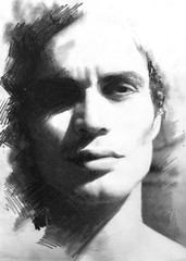 Paintography. Double exposure of an attractive male model combined with hand drawn ink pen drawings, black and white