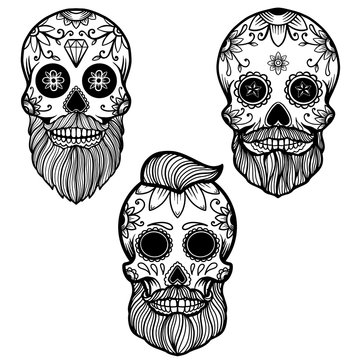 Set of hand drawn mexican bearded sugar skull isolated on white background. Design element for poster, card, banner, t shirt, emblem, sign. Vector illustration