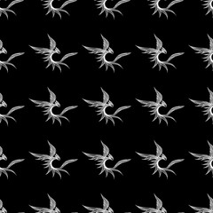 Seamless pattern of hand drawn vector dragon isolated on black background. Fantastic dragon icon. Freehand seamless silhouette of mythology aminal. Fantasy outline illustration