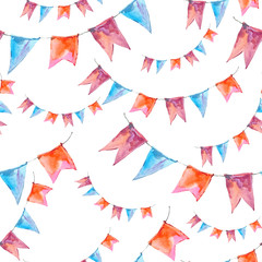Fototapeta na wymiar Watercolor colorful party garland seamless pattern and flags
