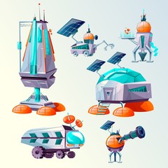 Space planet colonization vector cartoon set. Futuristic technology, sci-fi construction, space exploration. Cosmic ship or shuttle, mars rover, different bases and colony buildings or alien attack © klyaksun