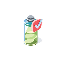 Mobile battery check mark. Vector 3d isometric color icon new flat style. Creative illustration, idea for infographics.