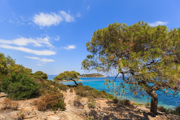 Fototapeta na wymiar Wonderful summer seascape of turquoise sea water and yacht at coast Sithonia on Halkidiki Greece