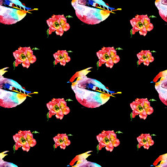 Seamless pattern flowers and birds isolated on black background. Hand drawn watercolor illustration. Waxwing and flower rose eustoma