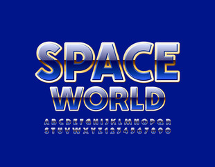 Fototapeta premium Vector chic sign Space World with Uppercase Font. Blue and Golden premium Alphabet. Set of elite Letters and Numbers