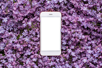 Mobile phone and lilac flowers background.Summer color and holiday concept.