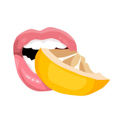 sexy women's mouth tastes lemon. Attractive female lips. print for T-shirt or tattoo. isolated on white background